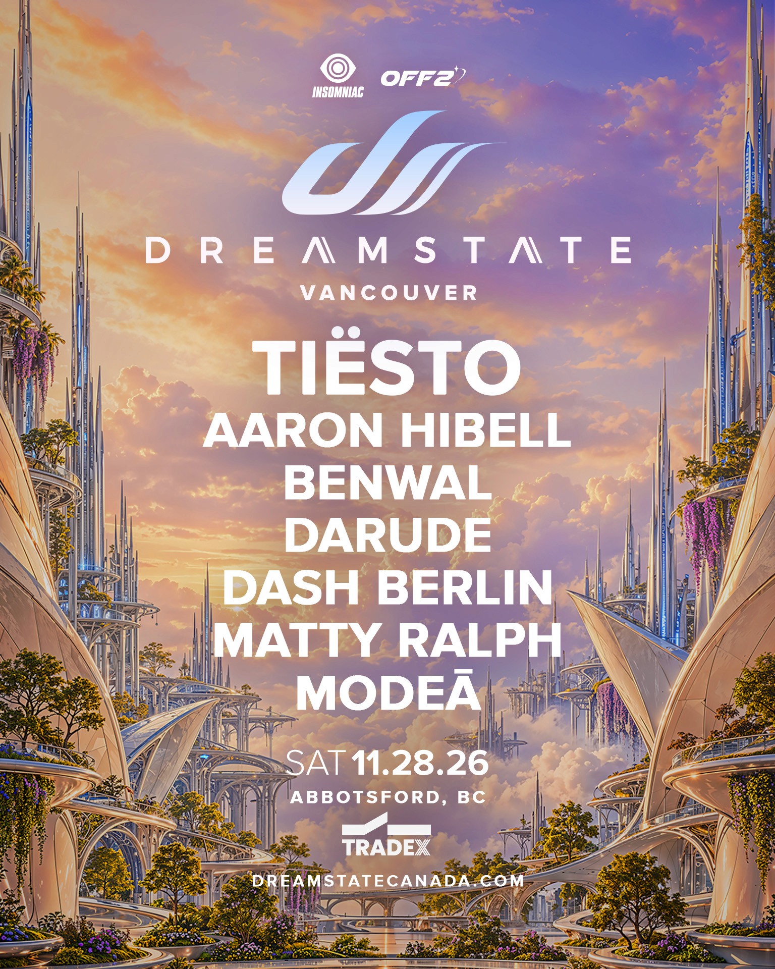 Official Dreamstate Vancouver 2026 lineup poster listing Tiësto and other artists